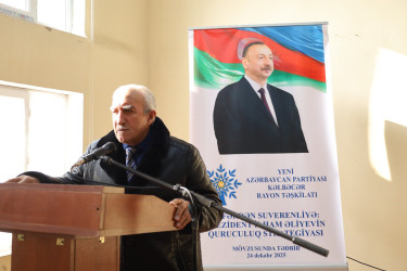 Yeni Azərbaycan Partiyası Kəlbəcər rayon təşkilatı tərəfindən 24 dekabr 2025-ci il tarixində “Zəfərdən suverenliyə: Prezident İlham Əliyevin quruculuq strategiyası” mövzusunda tədbir keçirilib.